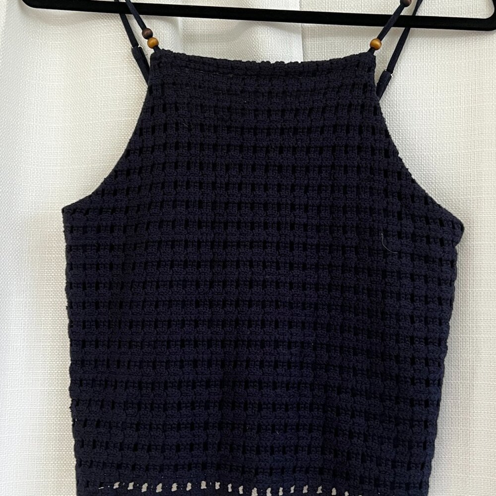 Love on a Hanger Blue Crochet Crop Top Boho Spaghetti Straps Wood Beads Small